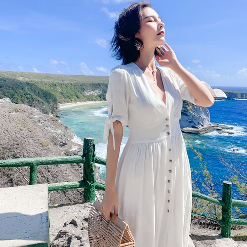 Summer Leisure Short Sleeve Deep V Neck Swing Midi Dress For Women Vacation White Button Up Beach Dresses