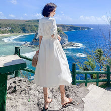 Load image into Gallery viewer, Summer Leisure Short Sleeve Deep V Neck Swing Midi Dress For Women Vacation White Button Up Beach Dresses