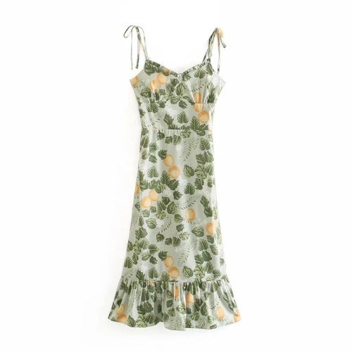 Summer Lemon Yellow Floral Print V Neck Spaghetti Strap Sexy Dress Women Green Elegant Vintage Boho Beach Party Long Light Dress