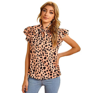 Summer Leopard Print Shirt Women Half High Collar Short Sleeve Slim Tops And Blouses Office Lady Shirts