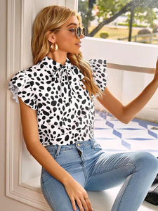 Summer Leopard Print Shirt Women Half High Collar Short Sleeve Slim Tops And Blouses Office Lady Shirts