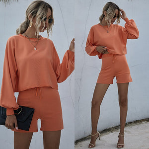 Summer Loung Wear Tracksuit Women Shorts Set  Long Sleeve Tops And Loose High Waisted Mini Pants suit Two Piece Set 2021