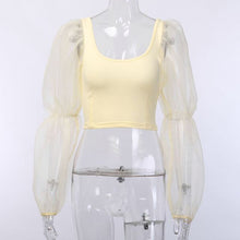 Load image into Gallery viewer, Summer Mesh Stitching Long Sleeve Tank Top For Women 2021 Solid Sexy U Neck Exposed Navel Short Crop Top