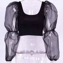 Load image into Gallery viewer, Summer Mesh Stitching Long Sleeve Tank Top For Women 2021 Solid Sexy U Neck Exposed Navel Short Crop Top
