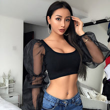 Load image into Gallery viewer, Summer Mesh Stitching Long Sleeve Tank Top For Women 2021 Solid Sexy U Neck Exposed Navel Short Crop Top