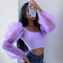 Load image into Gallery viewer, Summer Mesh Stitching Long Sleeve Tank Top For Women 2021 Solid Sexy U Neck Exposed Navel Short Crop Top