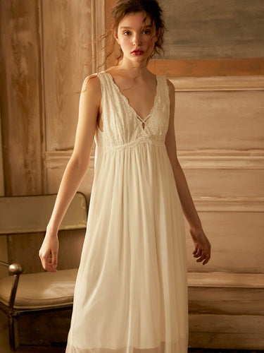 Summer Modal  Inner Vintage Sleeveless Sleepwear Elegant Female Princess White Gauze Lace Long Nightgowns Loose Royal Nightwear