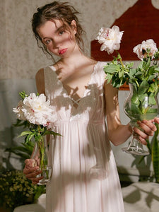 Summer Modal  Inner Vintage Sleeveless Sleepwear Elegant Female Princess White Gauze Lace Long Nightgowns Loose Royal Nightwear