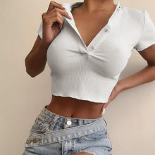 Load image into Gallery viewer, Summer New Round Neck T-Shirt Top Women Short-Sleeved Slim Blouse Solid Temperament Single-Breasted Women&#39;s T-Shirts Short Tops