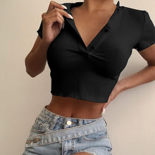 Load image into Gallery viewer, Summer New Round Neck T-Shirt Top Women Short-Sleeved Slim Blouse Solid Temperament Single-Breasted Women&#39;s T-Shirts Short Tops