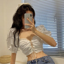 Load image into Gallery viewer, Summer New Sexy Crop Tops Slim White Lace Up Square Neck Puff Short Sleeve Floral Print Blouse Women Elegant Blusas Mujer
