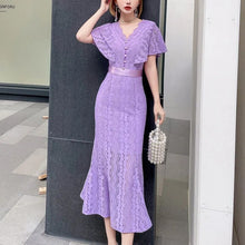 Load image into Gallery viewer, Summer New Style Women&#39;s Plus Size S-2XL Sexy Purple Black Tight-Fitting V-Neck Lace Dress