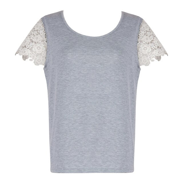 Summer New T-shirt Short Sleeve for Women Fashion Hollow Out Floral Lace Sleeve Design O Neck Casual Loose Mujer Tops Grey