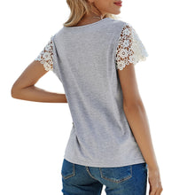 Load image into Gallery viewer, Summer New T-shirt Short Sleeve for Women Fashion Hollow Out Floral Lace Sleeve Design O Neck Casual Loose Mujer Tops Grey