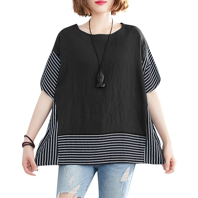 Summer New T-shirt Women Oversized Tops Stripes Splicinng O-Neck Short Sleeve T-Shirt  Loose Fit  Simple Casual Tee Tops Femme