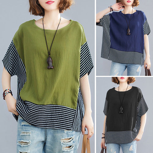 Summer New T-shirt Women Oversized Tops Stripes Splicinng O-Neck Short Sleeve T-Shirt  Loose Fit  Simple Casual Tee Tops Femme