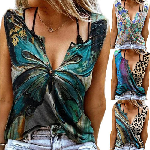 Summer New Vest Top Women's Sexy V Neck Sleeveless T Shirt Butterfly Print Tee Shirt Fashionable Pullover Plus Size Clothing