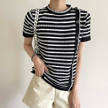 Load image into Gallery viewer, Summer O Neck Short Sleeve Striped Knitted Tops Simple Loose Casual Vintage Korean Style Tees Women Soft Design Pullover Sweater