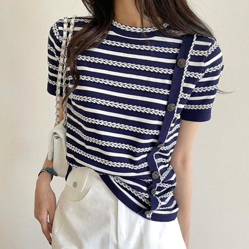 Summer O Neck Short Sleeve Striped Knitted Tops Simple Loose Casual Vintage Korean Style Tees Women Soft Design Pullover Sweater