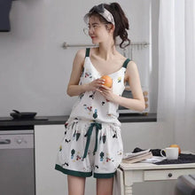 Load image into Gallery viewer, Summer Pajamas For Women 2 Piece Set Women With Chest Pad Sling Korean Version Sweet Girl Sexy Exposed Collarbone Homewear Suit