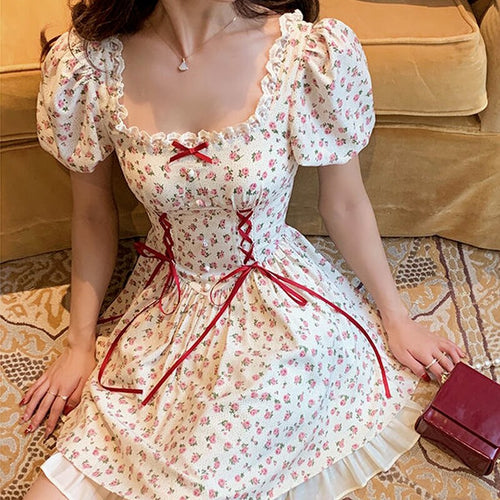 Summer Patchwork Kawaii Dress Women Lace Up Japanese Sweet Party Mini Dress Short Sleeve Princess Chic Korean Bandage Dress 2021