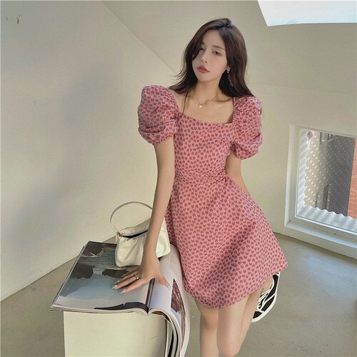 Summer Pink Boho Dresses Women Korean Elegant High Waist Sweet Dresses French Retro Casual Party Club Short Sleeve Dress 2021