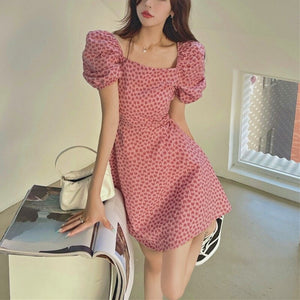 Summer Pink Boho Dresses Women Korean Elegant High Waist Sweet Dresses French Retro Casual Party Club Short Sleeve Dress 2021