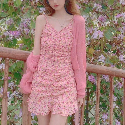 Summer Pink Floral Print Strap Dress Women Sweet Elegant Shirring Sexy Kawaii Dress Female High Street Party Mini Dress 2021 New