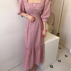 Summer Plaid Square Collar Women Maxi Dress Half Puff Sleeve Ruffles Tunic Button Girls Long Dresses Sweet Korean Simple Female