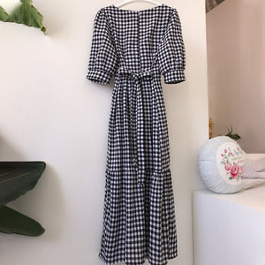 Summer Plaid Square Collar Women Maxi Dress Half Puff Sleeve Ruffles Tunic Button Girls Long Dresses Sweet Korean Simple Female