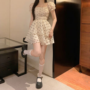 Summer Polka Dot Print Dress Korean Puff Sleeve Designer Elegant Sweet Dress Ruffles Yellow Party Mini Kawaii Casual Dress 2021