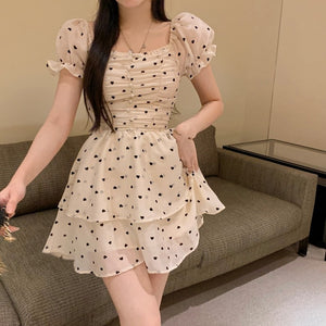 Summer Polka Dot Print Dress Korean Puff Sleeve Designer Elegant Sweet Dress Ruffles Yellow Party Mini Kawaii Casual Dress 2021
