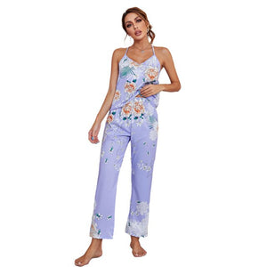 Summer Print Pyjamas Sexy Floral Pajamas With Pants Loose Spaghetti Strap Intimate Lingerie Sleepwear Women Pj Set