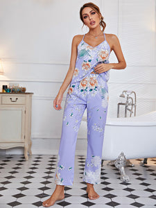 Summer Print Pyjamas Sexy Floral Pajamas With Pants Loose Spaghetti Strap Intimate Lingerie Sleepwear Women Pj Set