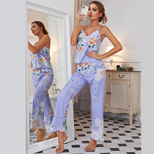 Summer Print Pyjamas Sexy Floral Pajamas With Pants Loose Spaghetti Strap Intimate Lingerie Sleepwear Women Pj Set