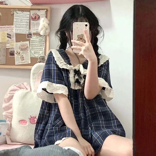 Summer Pyjamas Women Kawaii Clothes Women'S Bowknot Lace Lace Doll Collar Home Clothes Short-Sleeved Shorts Women'S 2 Piece Set