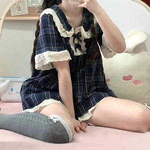 Summer Pyjamas Women Kawaii Clothes Women&#39;S Bowknot Lace Lace Doll Collar Home Clothes Short-Sleeved Shorts Women&#39;S 2 Piece Set