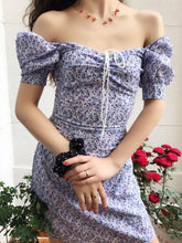 Load image into Gallery viewer, Summer Retro Boho Tie Neck Floral Print Spaghetti Strap Dress Women Purple Blue Elegant Puff Sleeve Y2k Party Beach Light Dress