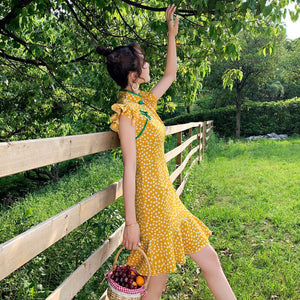 Summer Retro Elegant Dress Women Floral Print Sexy Kawaii Dress Casual Holiday Cheongsam Fishtail Party Mini Dresses 2021 New