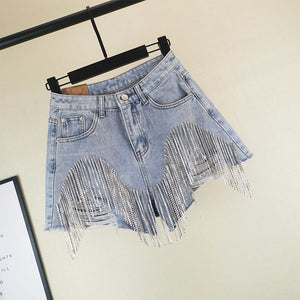 Summer Ripped Jeans Short Femme High Waist Diamond Tassel Y2k Casual Bottoms For Ladies Denim Shorts Women Clothing Fashion