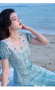 Summer Romantic Fairy Dress Vintage French Style Blue Tie Dye Slash Neck Elegant Lady Midi Dresses Gorgeous Vestido Festa