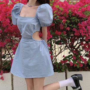 Summer Sexy Backless Dress Women Designer Elegant Kawaii Puff Sleeve Chic Sweet Mini Dress Korean Casual  Beach Party Dress 2021