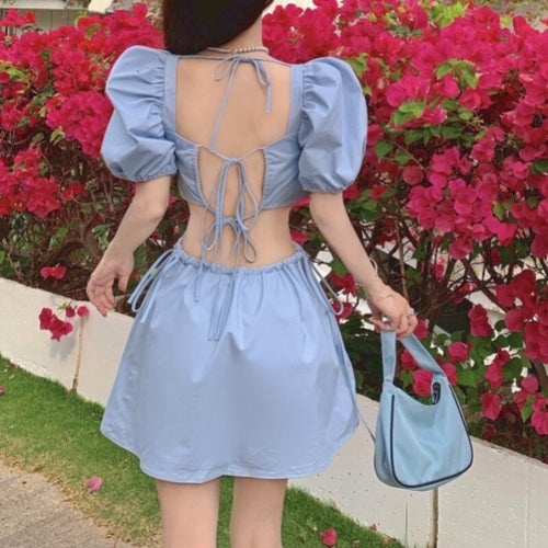 Summer Sexy Backless Dress Women Designer Elegant Kawaii Puff Sleeve Chic Sweet Mini Dress Korean Casual  Beach Party Dress 2021