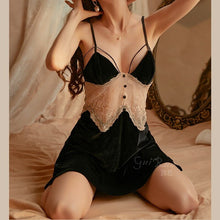 Load image into Gallery viewer, Summer Sexy Deep V Cross Backless Suspender Home Service Dress Women&#39;s Clothing Retro Velvet Button Lace Pajamas Nightdress