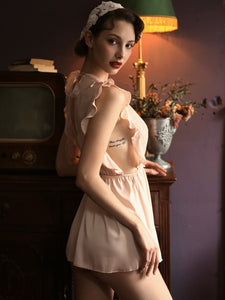 Summer Sexy Lingerie Nightgowns Lace Silk Short Sleeping Gowns Thin Deep V Temptation Nighties for Women Ruffles Night Dress