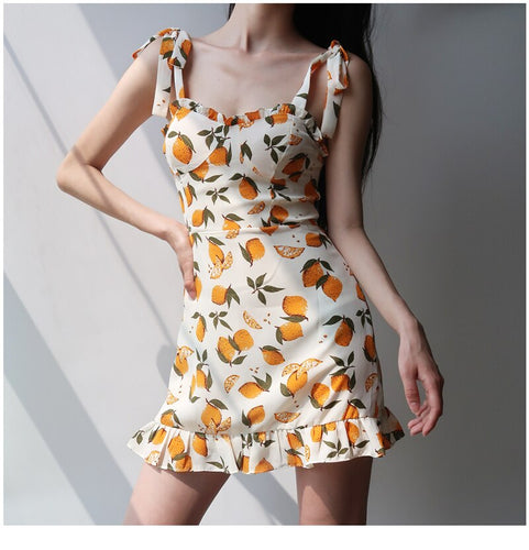 Summer Sexy Mini Lemon Yellow Floral Print Spaghetti Strap Dress Women White Elegant Beach Light Party Dress Girl Boho Robe 2021