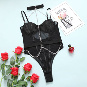 Summer Sexy Sensual Lingerie Metal Chain Bodysuit Underwear Erotic Hollow Out Halter Mesh Push Up Bra Jumpsuit Erotic Costumes