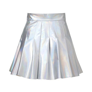 Summer Sexy Shiny Glossy High Waist Mini PU Leather Skirt Bottoms Club Party Dance Shiny Holographic Metallic Pleated Skirts