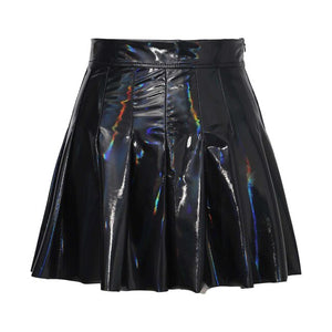 Summer Sexy Shiny Glossy High Waist Mini PU Leather Skirt Bottoms Club Party Dance Shiny Holographic Metallic Pleated Skirts