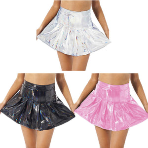 Summer Sexy Shiny Glossy High Waist Mini PU Leather Skirt Bottoms Club Party Dance Shiny Holographic Metallic Pleated Skirts